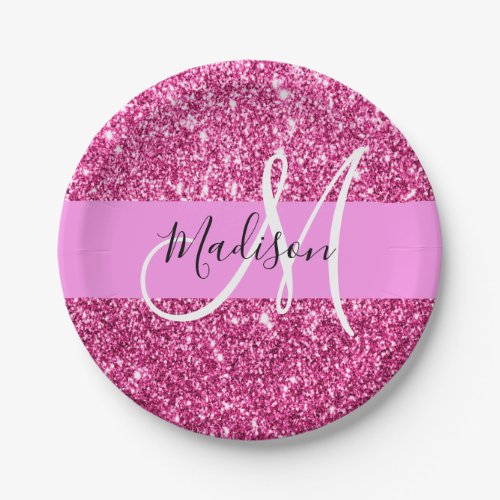 Girly and Glam Hot Pink Glitter Sparkles Monogram Paper Plates