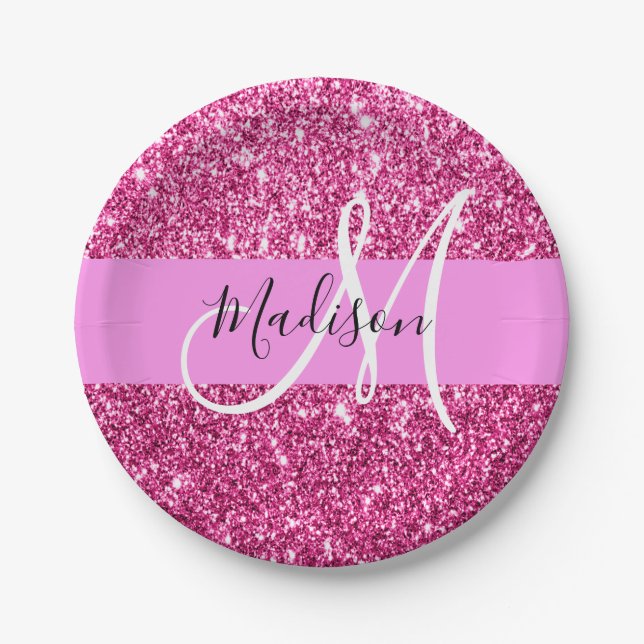 Girly and Glam Hot Pink Glitter Sparkles Monogram Paper Plates (Front)