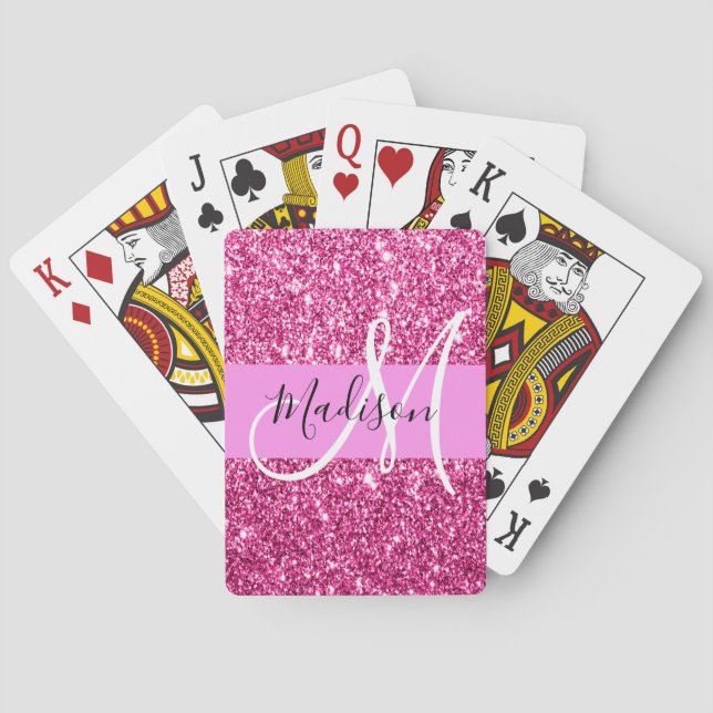 Girly and Glam Hot Pink Glitter Sparkles Monogram Poker Cards (Back)