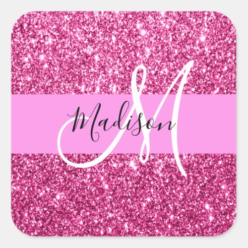 Girly and Glam Hot Pink Glitter Sparkles Monogram Square Sticker