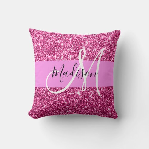 Girly and Glam Hot Pink Glitter Sparkles Monogram Throw Pillow