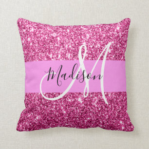 Girly and Glam Hot Pink Glitter Sparkles Monogram Throw Pillow