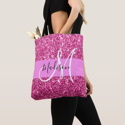 Girly and Glam Hot Pink Glitter Sparkles Monogram Tote Bag