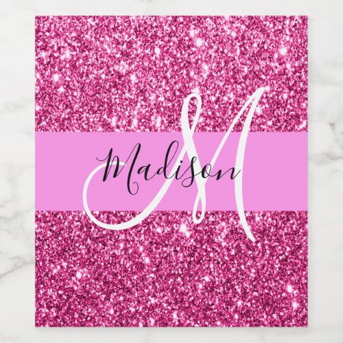 Girly and Glam Hot Pink Glitter Sparkles Monogram Wine Label