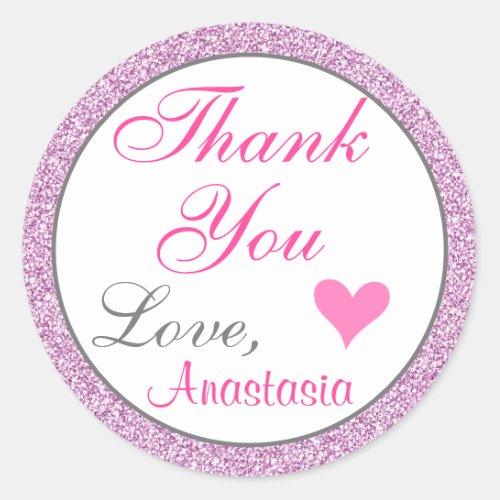 Girly and Glam Pink Lilac Purple Glitter Thank You Classic Round Sticker