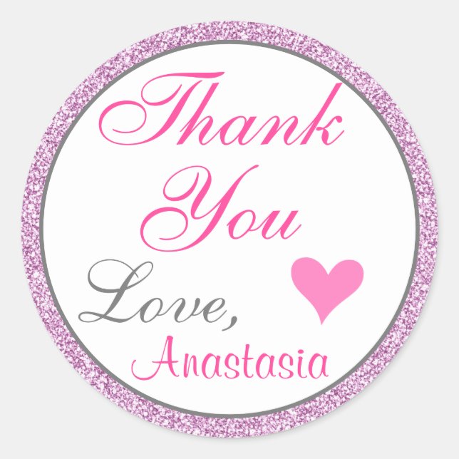 Girly and Glam Pink Lilac Purple Glitter Thank You Classic Round Sticker (Front)