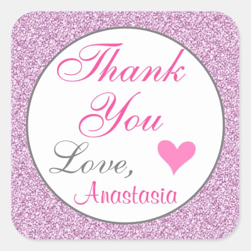 Girly and Glam Pink Lilac Purple Glitter Thank You Square Sticker