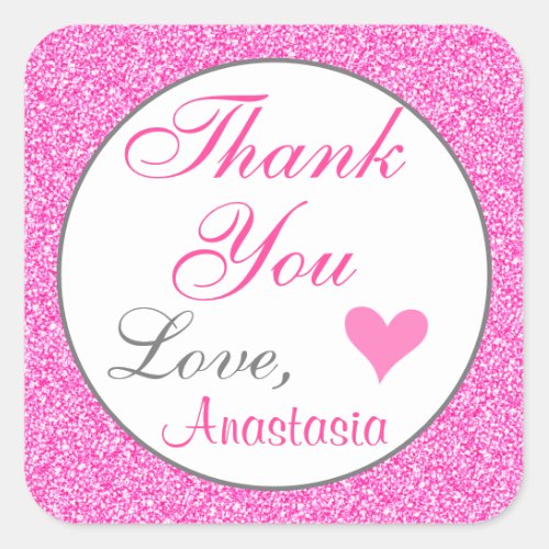 Girly and Glam Princess Hot Pink Glitter Thank You Square Sticker