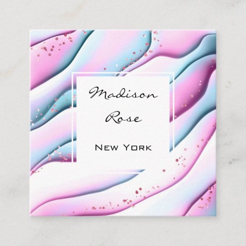 Girly and Trendy Pink Aqua White Ink and Sparkles  Square Business Card