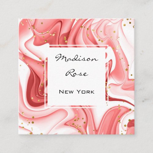 Girly and Trendy Pink Peach White Ink Gold Sparkle Square Business Card