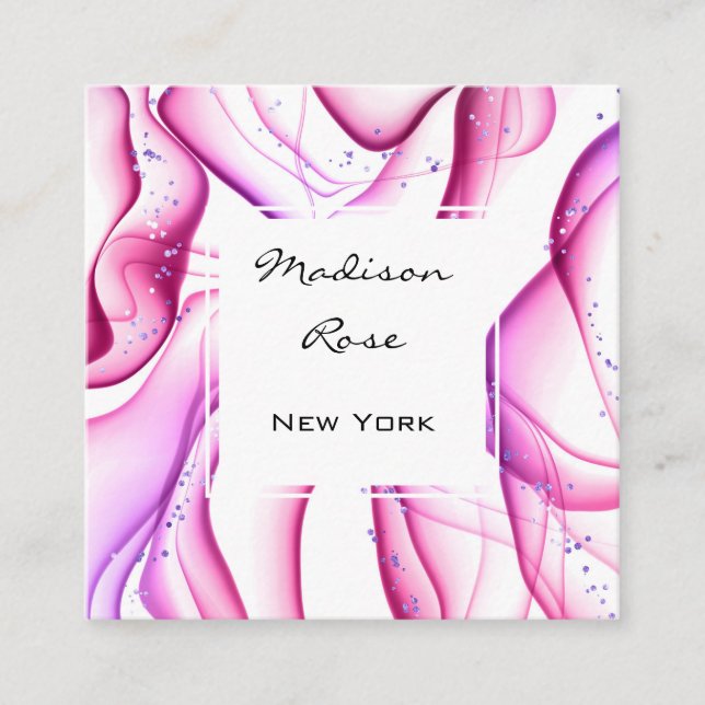 Girly and Trendy Pink Purple White Ink & Sparkles  Square Business Card (Front)