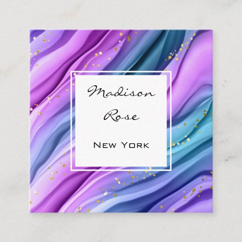 Girly and Trendy Purple Blue Ink and Gold Sparkles Square Business Card