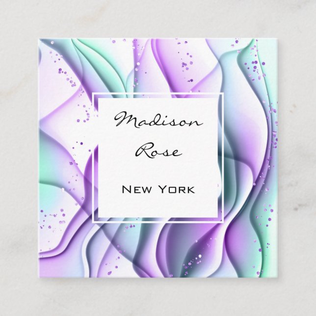Girly and Trendy Purple Green White Ink & Sparkles Square Business Card (Front)