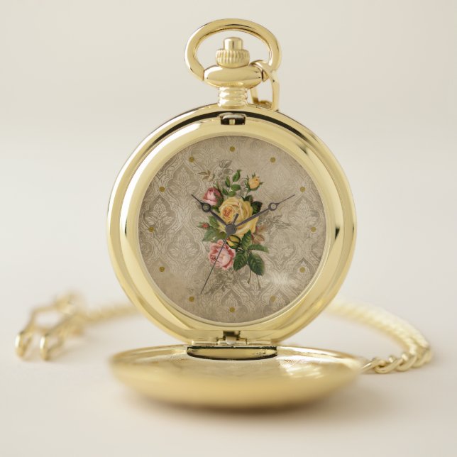 Girly Antique Gold Damask and Roses Pocket Watch (Inside)