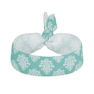 Girly Aqua and White Damask Pattern Hair Tie