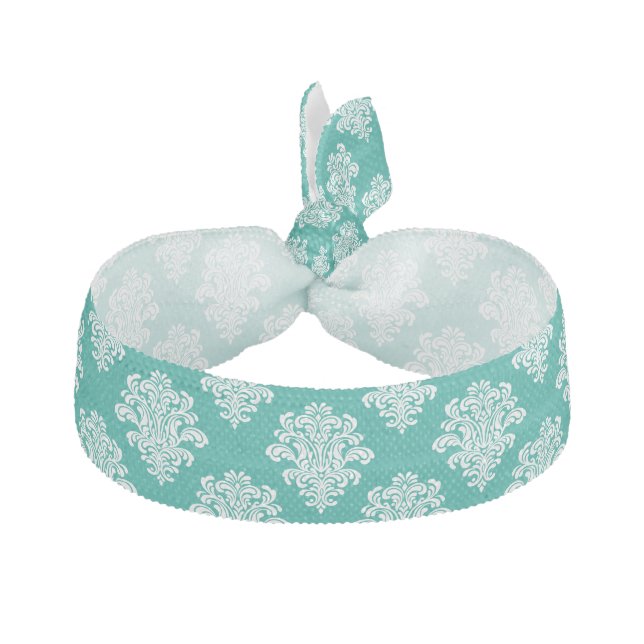 Girly Aqua and White Damask Pattern Hair Tie (Front)