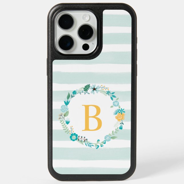Girly Aqua and Yellow Floral Monogram iPhone 15 Pro Max Case (Back)