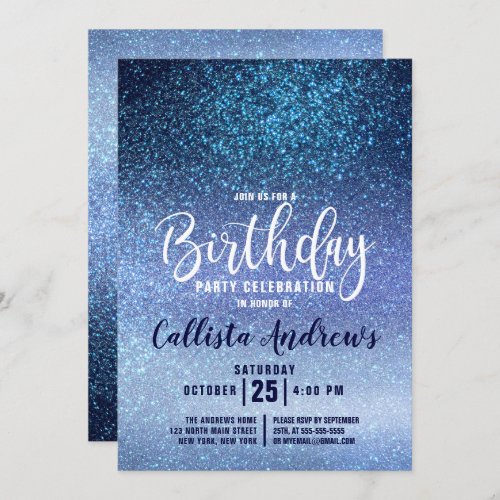 Girly Aqua Baby Blue Triple Glitter Ombre Birthday Invitation