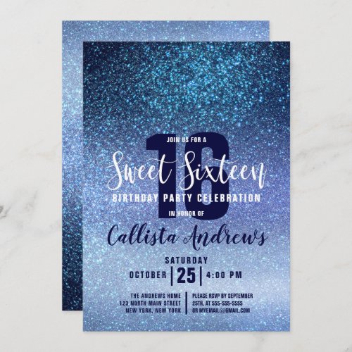 Girly Aqua Baby Blue Triple Glitter Ombre Sweet 16 Invitation