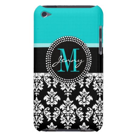 Girly Aqua Black Damask Your Monogram Name Barely There Ipod Cover
