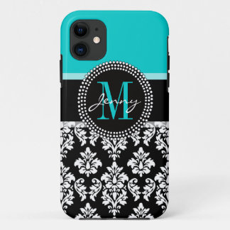 Girly Aqua Black Damask Your Monogram Name iPhone 11 Case