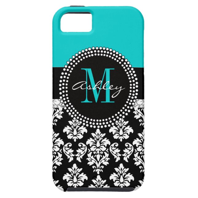 Girly Aqua Black Damask Your Monogram Name Case-Mate iPhone Case (Back)
