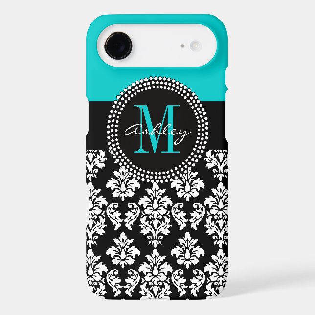 Girly Aqua Black Damask Your Monogram Name Case-Mate Samsung Galaxy Case (Back)