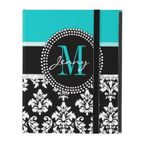 Girly Aqua Black Damask Your Monogram Name iPad Folio Case