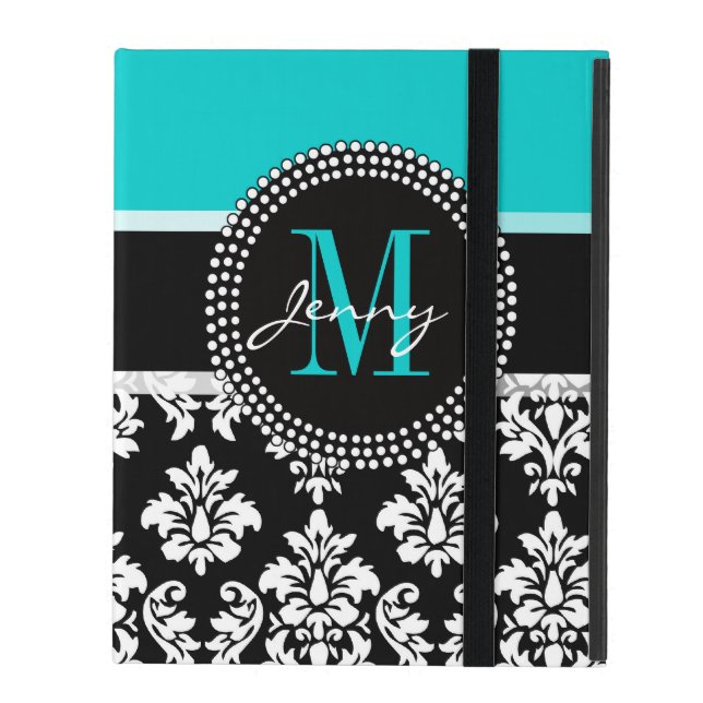 Girly Aqua Black Damask Your Monogram Name iPad Folio Case (Front Closed)