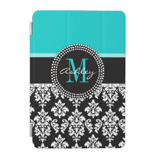 Girly Aqua Black Damask Your Monogram Name iPad Mini Cover