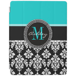 Girly Aqua Black Damask Your Monogram Name iPad Smart Cover
