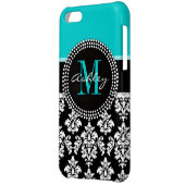 Girly Aqua Black Damask Your Monogram Name iPhone Case (Back Left)