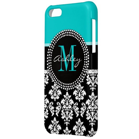 Girly Aqua Black Damask Your Monogram Name iPhone Case (Back Left)