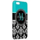 Girly Aqua Black Damask Your Monogram Name iPhone Case (Back Right)