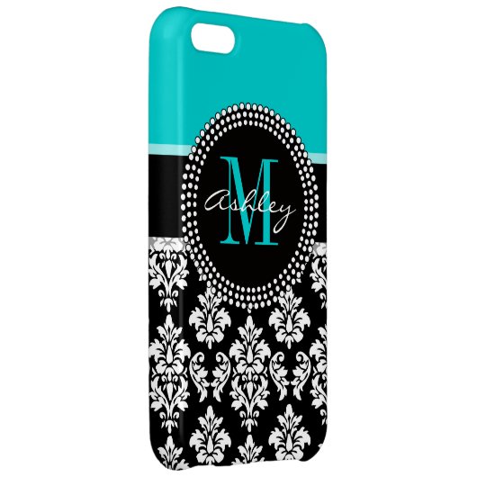 Girly Aqua Black Damask Your Monogram Name iPhone Case (Back Right)