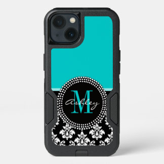 Girly Aqua Black Damask Your Monogram Name iPhone 13 Case
