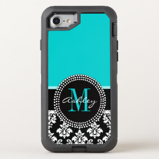 Girly Aqua Black Damask Your Monogram Name OtterBox Defender iPhone SE/8/7 Case