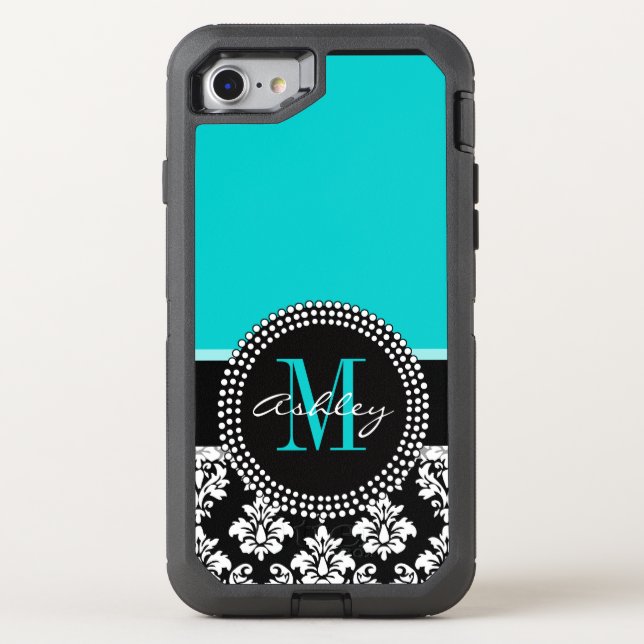 Girly Aqua Black Damask Your Monogram Name Otterbox iPhone Case (Back)