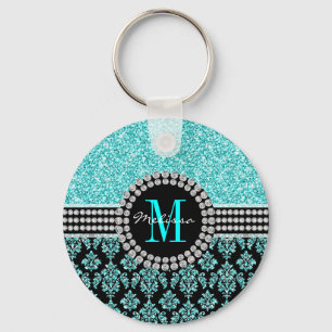 Girly Aqua Blue Glitter Monogram Damask Name Keychain