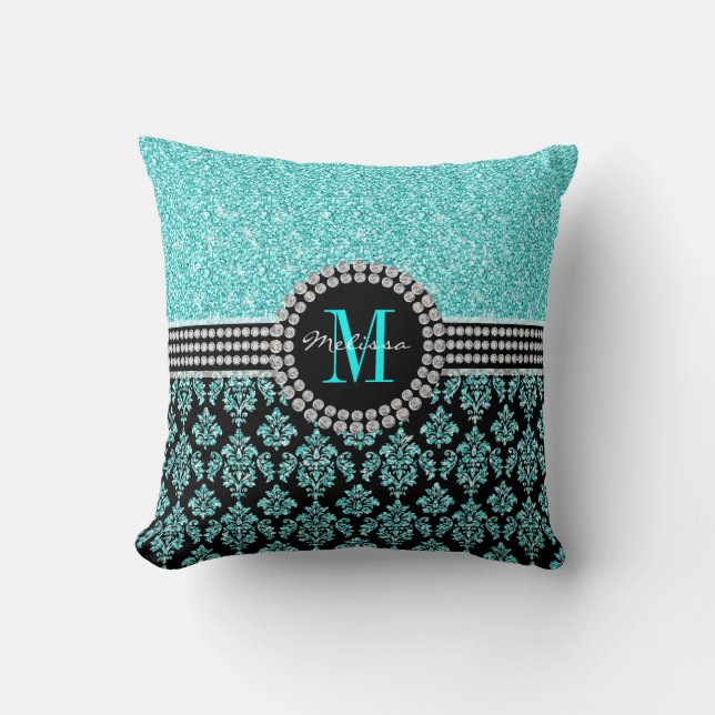 Girly Aqua Blue Glitter Monogram Damask Name Throw Pillow (Front)