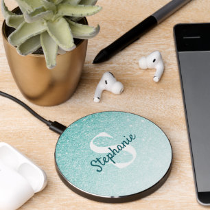 Girly Aqua Blue Glitter Ombre Monogram  Wireless Charger