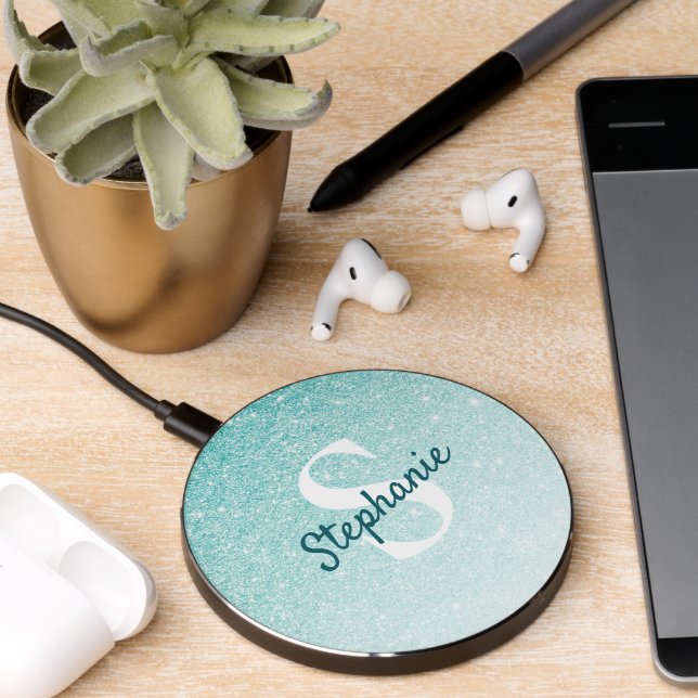 Girly Aqua Blue Glitter Ombre Monogram  Wireless Charger (Desk 2)