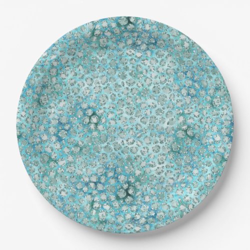 Girly Aqua Blue Glitzy Glam Glitter Leopard Print Paper Plates