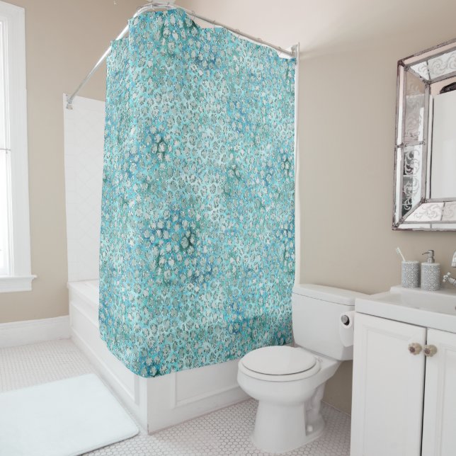 Girly Aqua Blue Glitzy Glam Glitter Leopard Print Shower Curtain (In Situ)