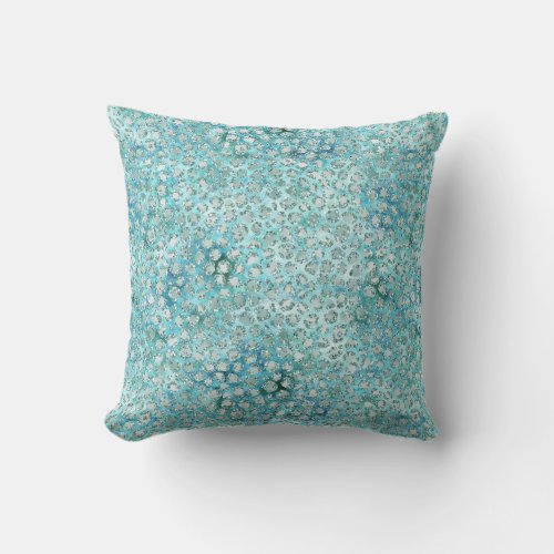 Girly Aqua Blue Glitzy Glam Glitter Leopard Print Throw Pillow