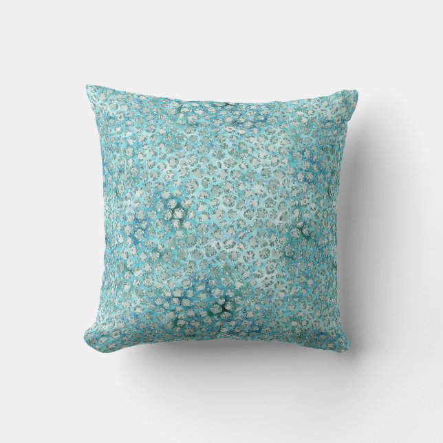 Girly Aqua Blue Glitzy Glam Glitter Leopard Print Throw Pillow (Front)