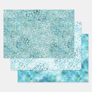 Girly Aqua Blue Glitzy Glam Glitter Leopard Print Wrapping Paper Sheets