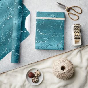 Girly Aqua Blue Glitzy Marble Birthday Wrapping Paper