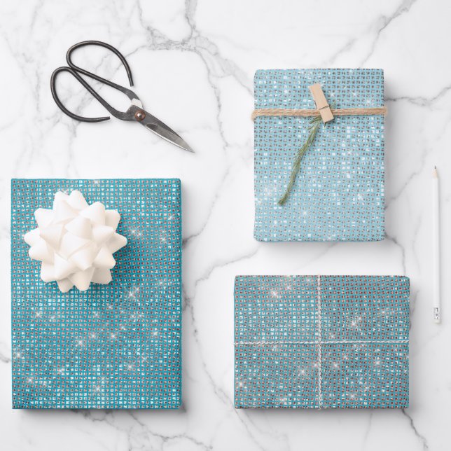 Girly Aqua Blue Glitzy Sparkle  Wrapping Paper Sheets (Front)