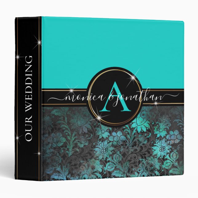 Girly Aqua Blue Grunge Damask Gold Frame 3 Ring Binder (Front/Spine)